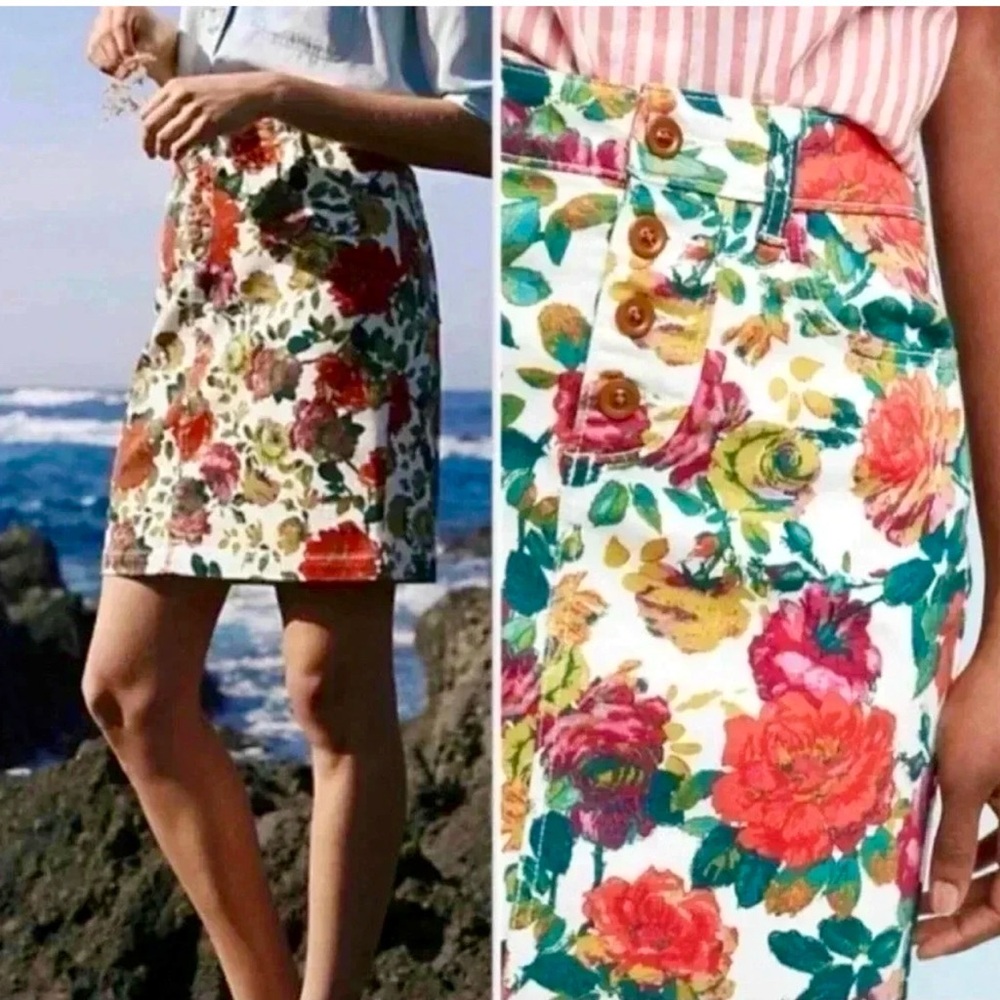 MAEVE Anthropologie Floral Denim Pencil Skirt Boho Preppy Casual Size 2 & 12 - Picture 2 of 12